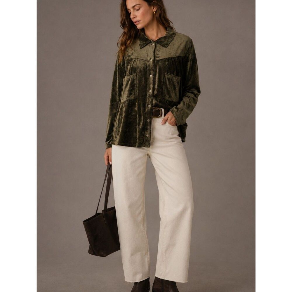 NWOT Bucketlist Olive Velour Button Front Shirt Large USA Pocket Overshirt Shack